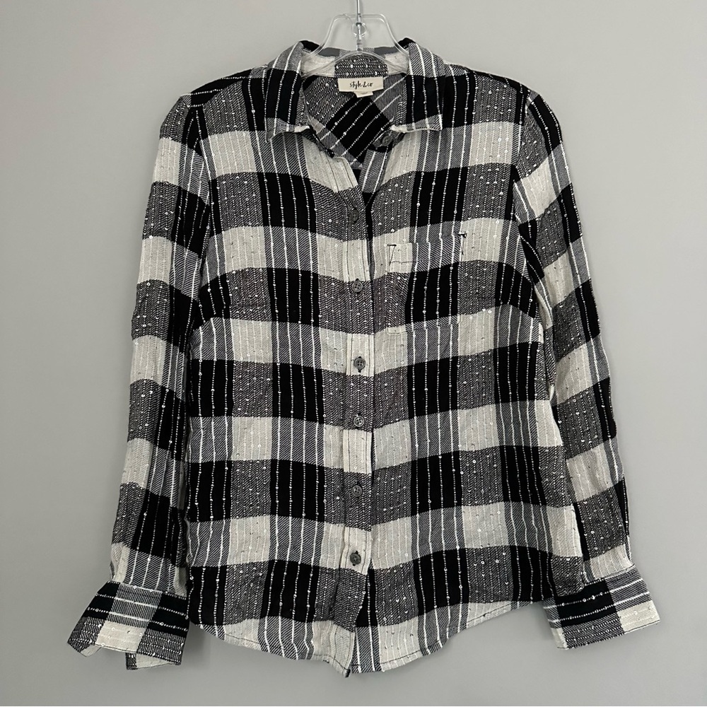 Style & Co Black and White Metallic Plaid Flannel Long Sleeve Top